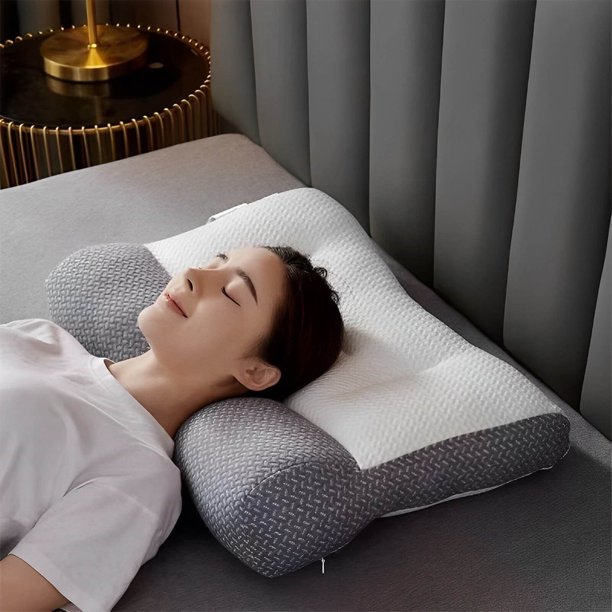 Almohada ortopédica contorneada de espuma viscoelástica transpirable e hipoalergénica para soporte cervical