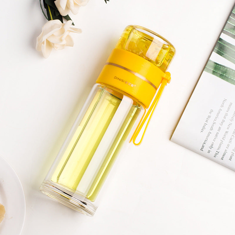 Botella de agua de vidrio de borosilicato de doble pared, a prueba de fugas, con infusor de té