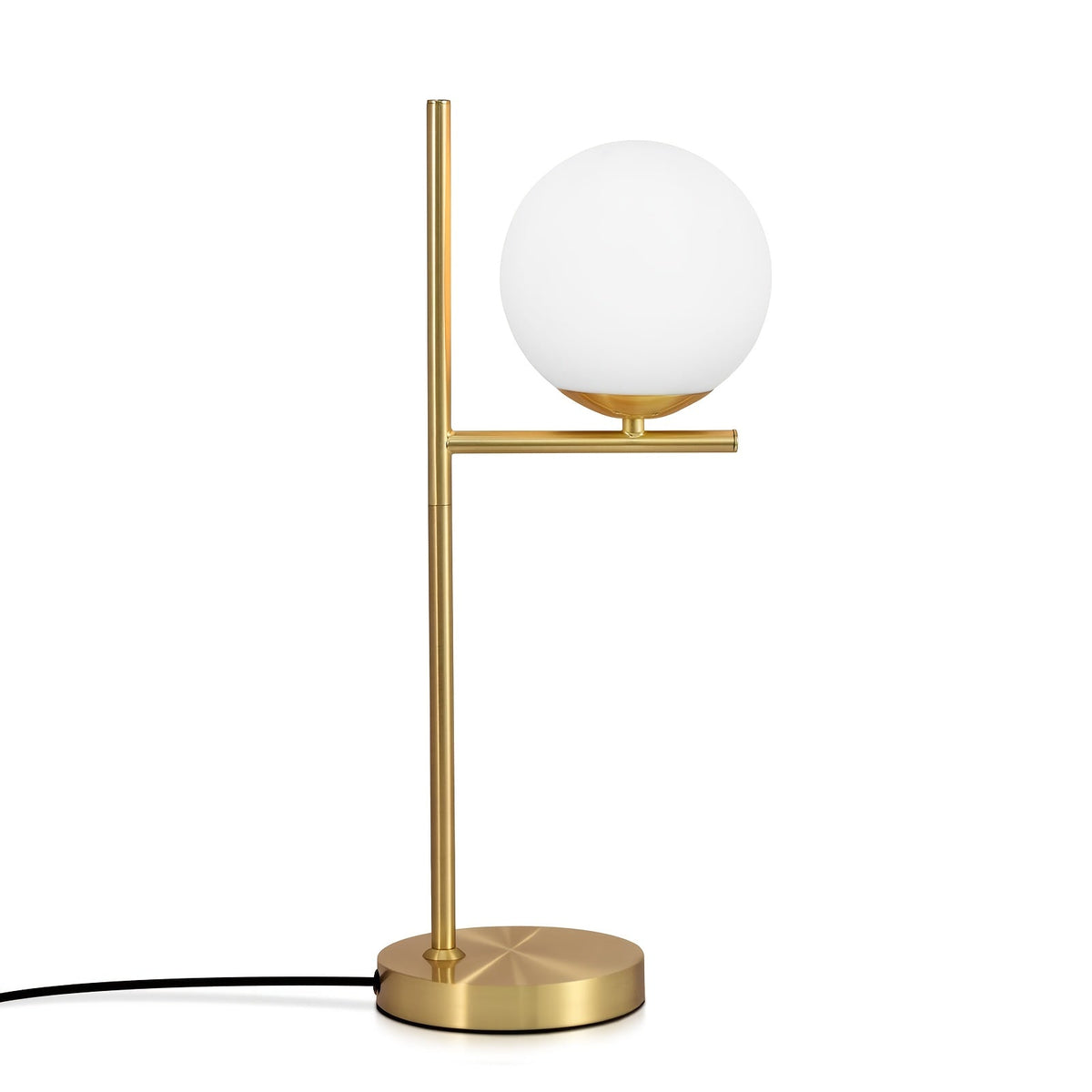 Lámpara de mesa industrial elegante con estructura de latón y esfera de vidrio esmerilado