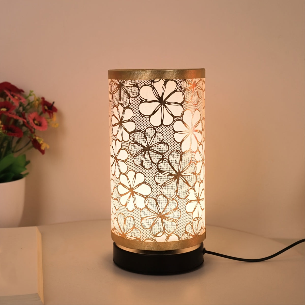 Lámpara de mesa nórdica con pantalla de tela con diseño de girasol y USB