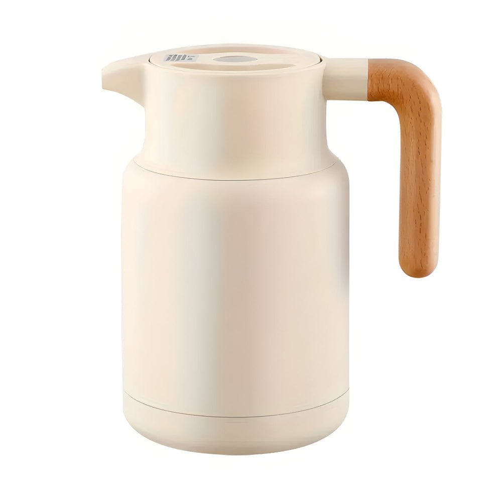 Jarra térmica aislante de acero inoxidable de doble pared con asa de madera