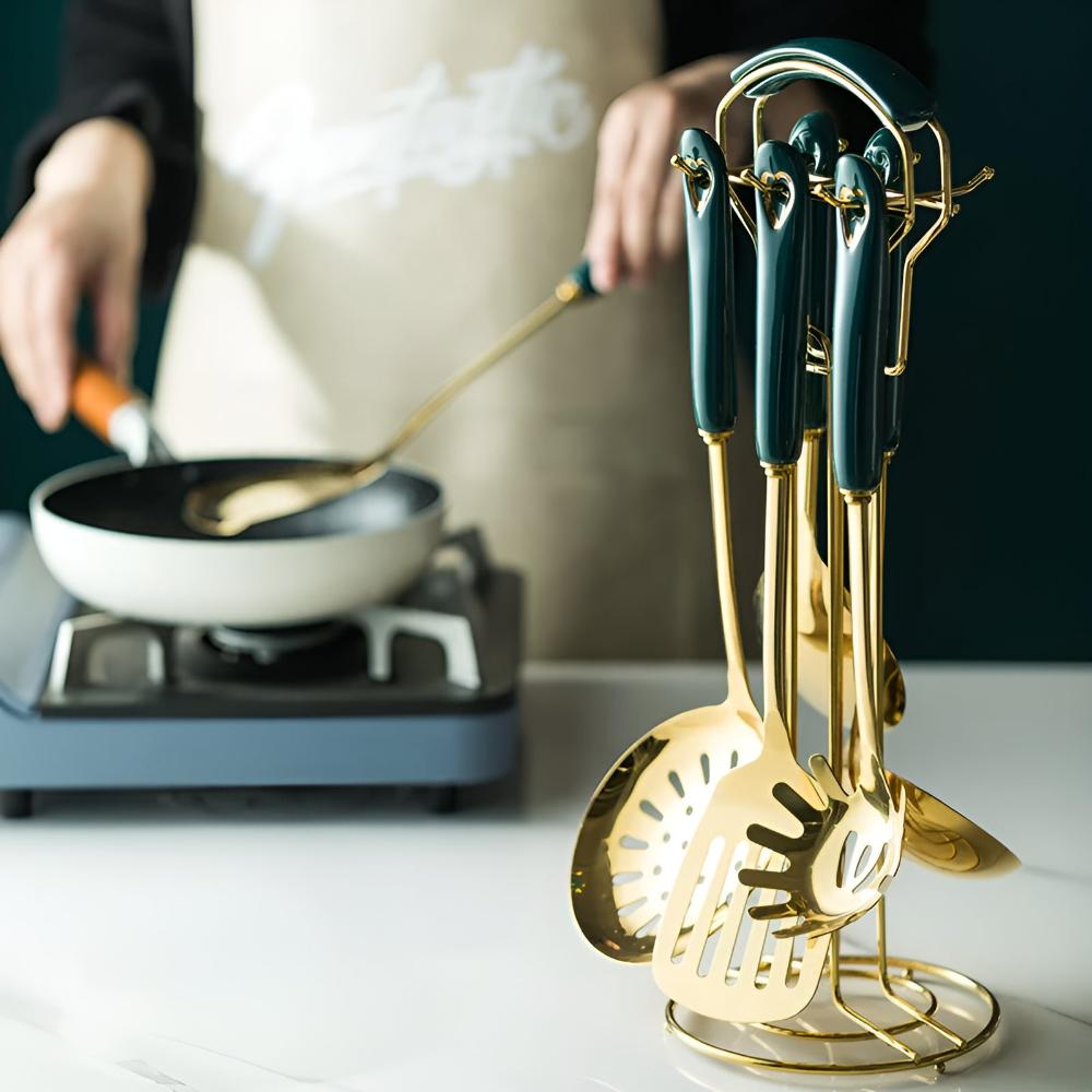 Juego ergonómico de cubiertos de cocina de acero inoxidable con soporte de almacenamiento