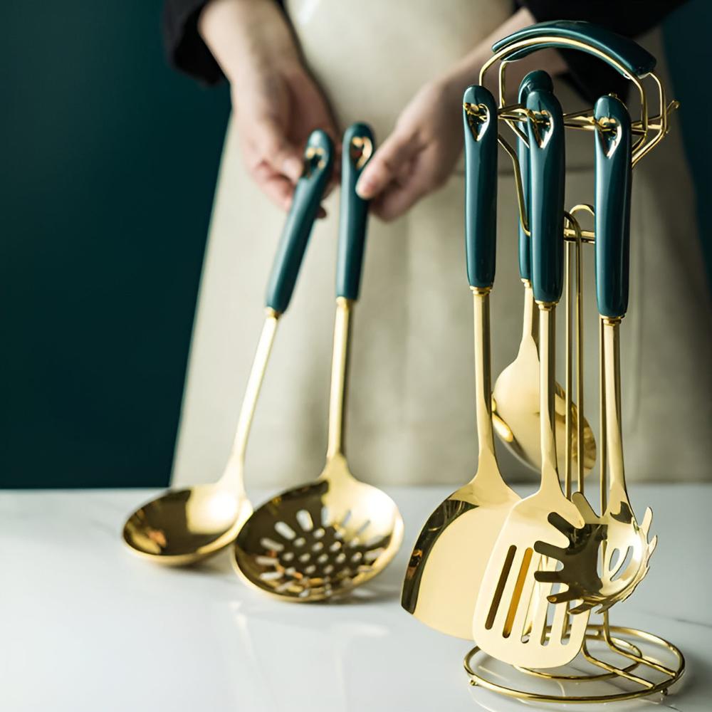 Juego ergonómico de cubiertos de cocina de acero inoxidable con soporte de almacenamiento