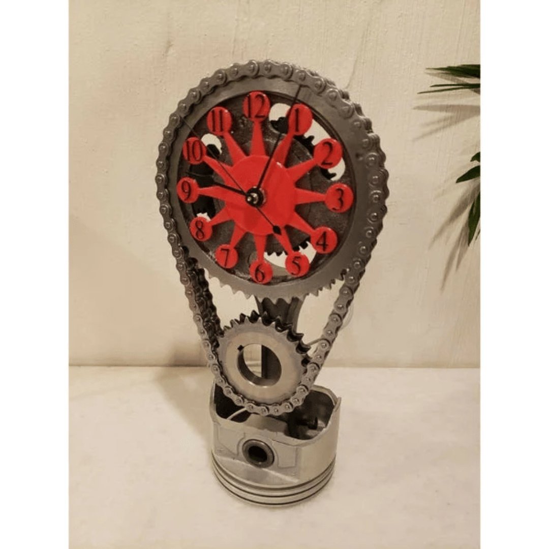 Reloj de pared silencioso industrial de metal y vidrio con mecanismo de engranajes expuesto