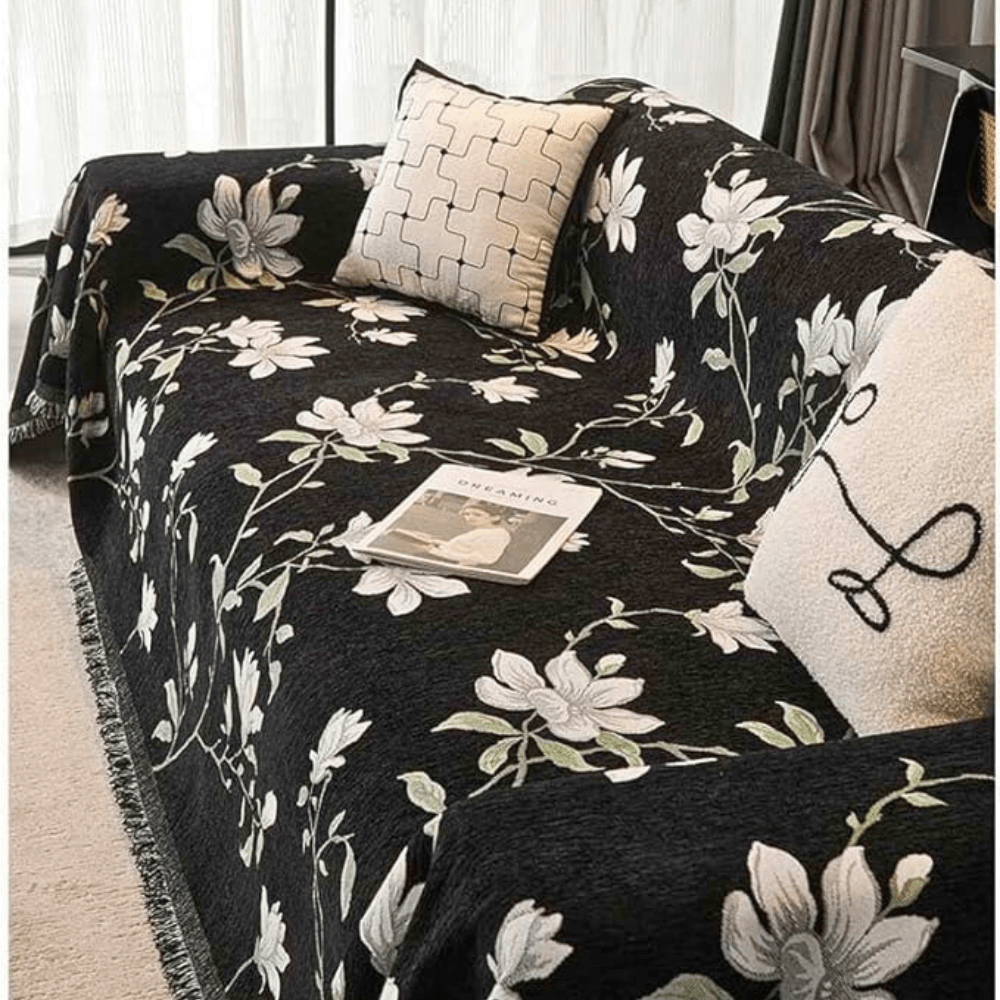 Funda de chenilla con flecos para sofá y estampado floral vintage de magnolias
