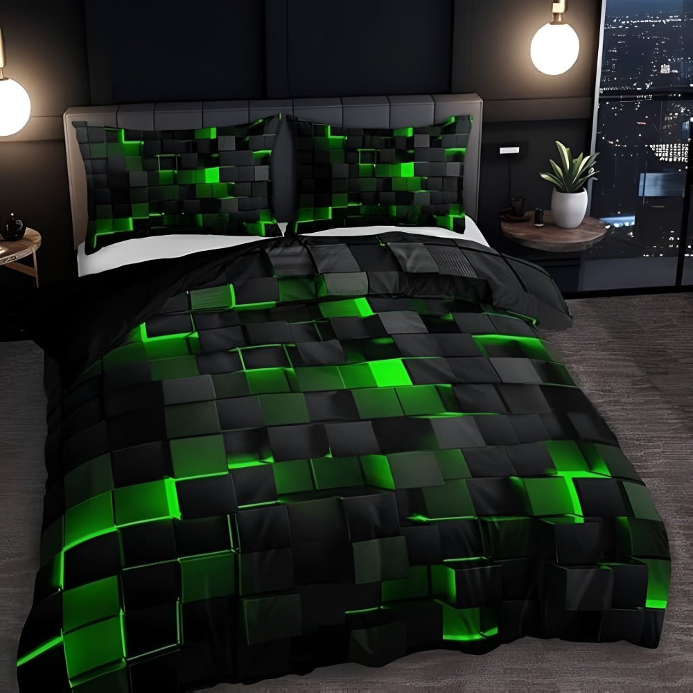 Juego de funda nórdica de microfibra con impresión 3D de cuadrícula de neón futurista