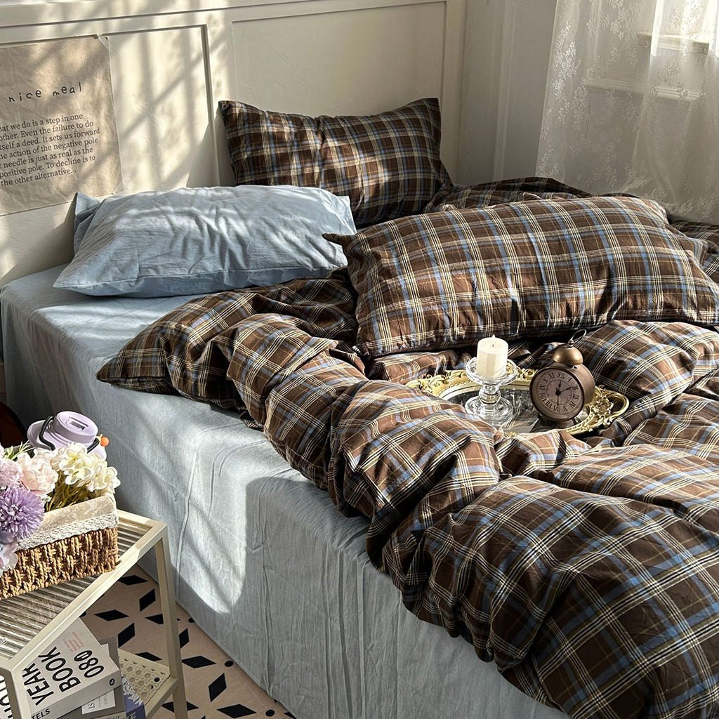 Juego de ropa de cama con funda nórdica de algodón a cuadros vintage de estilo rústico