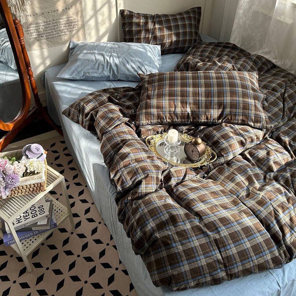 Juego de ropa de cama con funda nórdica de algodón a cuadros vintage de estilo rústico