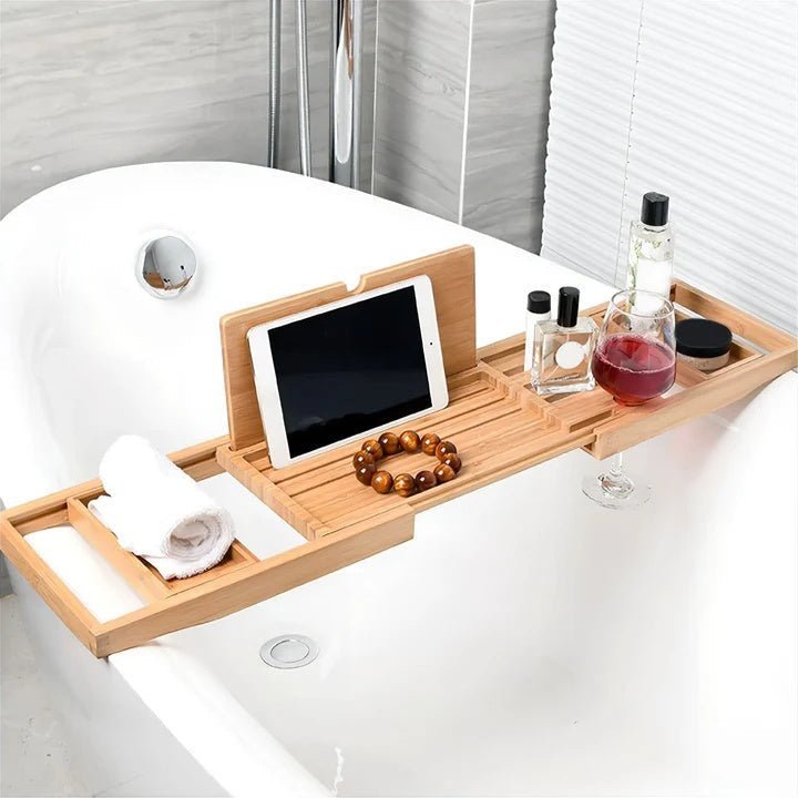 Bandeja organizadora ajustable y extensible de bambú natural para bañera, con soporte para libros y tabletas
