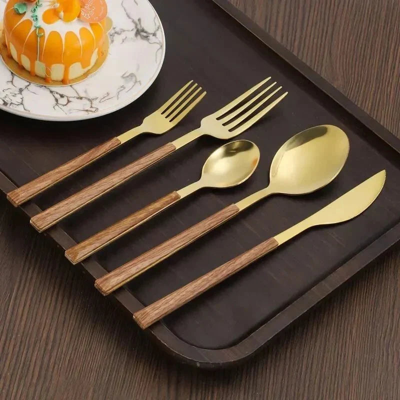 Juego de cubiertos de cocina de acero inoxidable con asa de madera de olmo