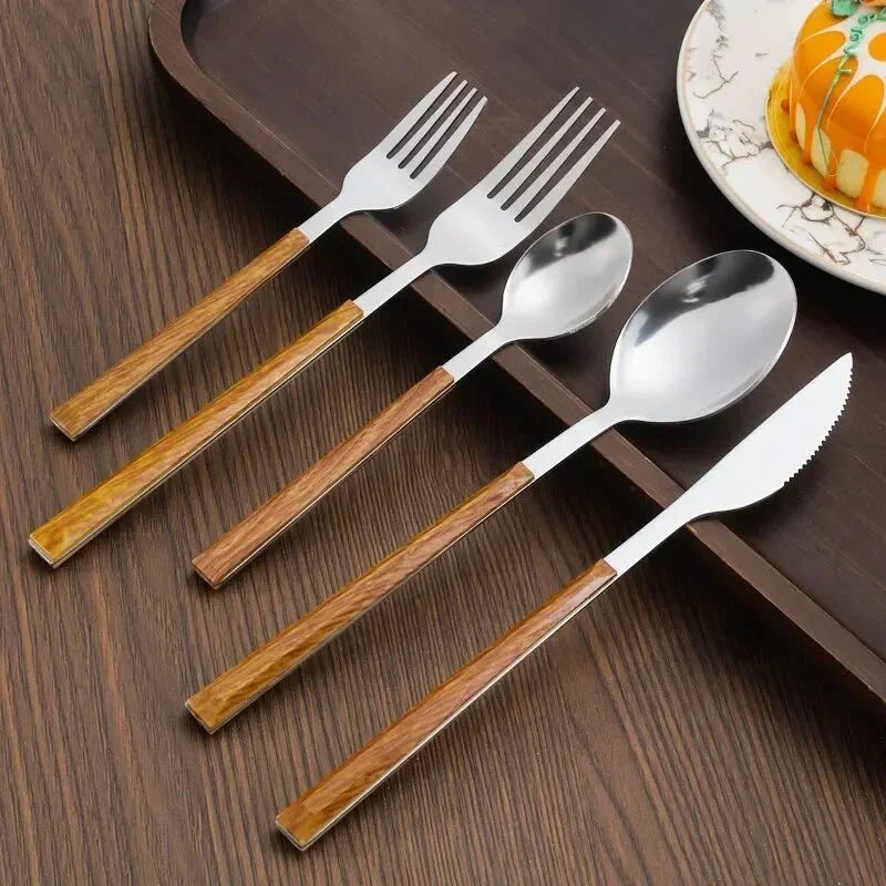 Juego de cubiertos de cocina de acero inoxidable con asa de madera de olmo