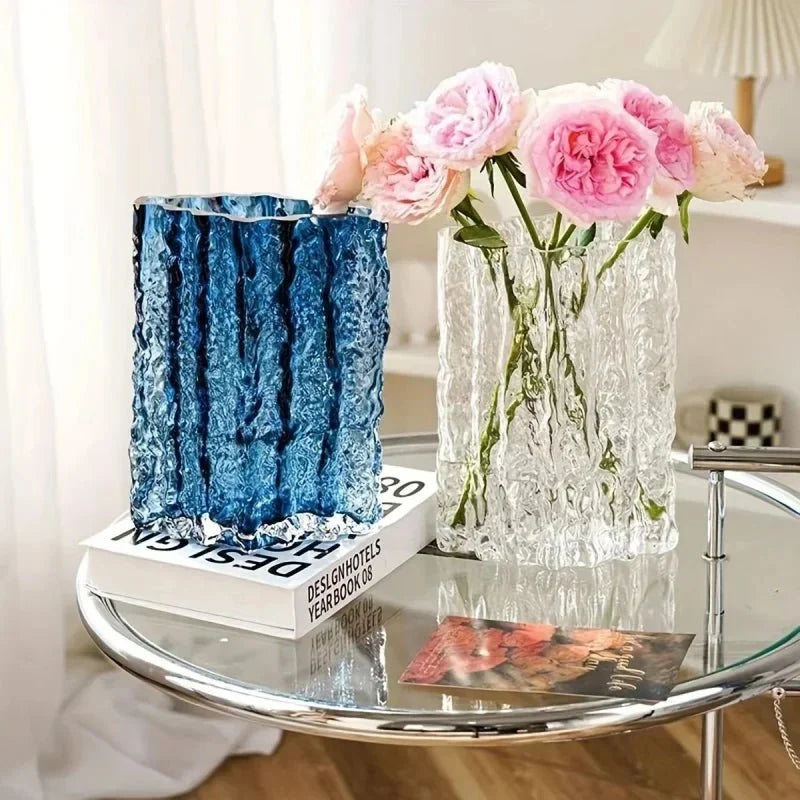 Jarrón decorativo de vidrio esmerilado con textura y efecto de hielo esculpido