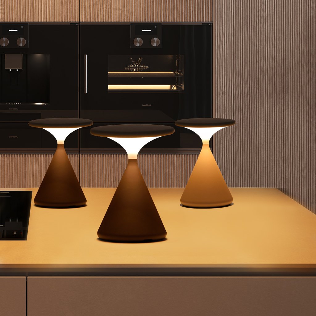 Lámpara de mesa minimalista inalámbrica recargable y regulable con diseño escultórico de reloj de arena