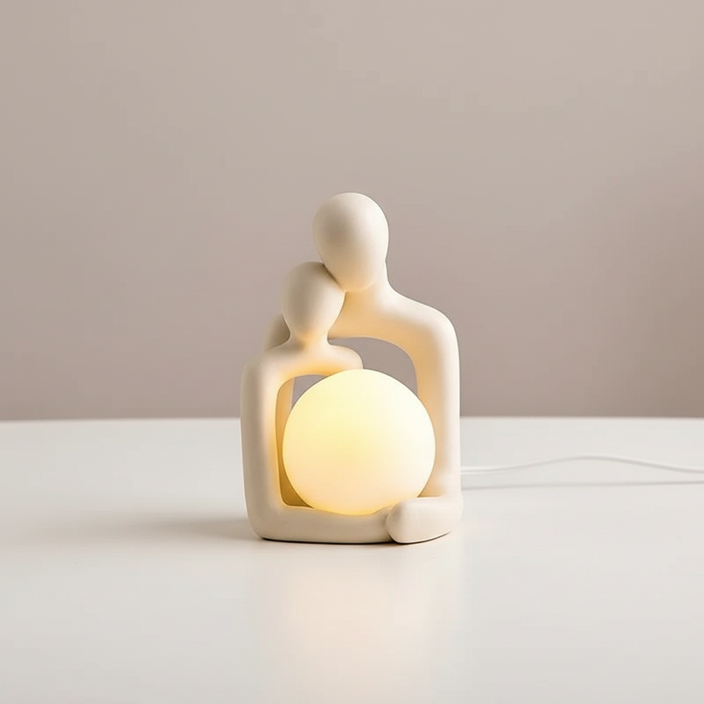Lámpara de mesa escultórica de cerámica mate con forma esférica y luz indirecta