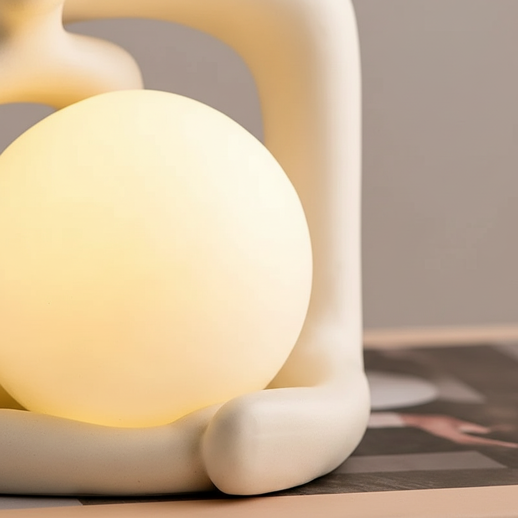 Lámpara de mesa escultórica de cerámica mate con forma esférica y luz indirecta