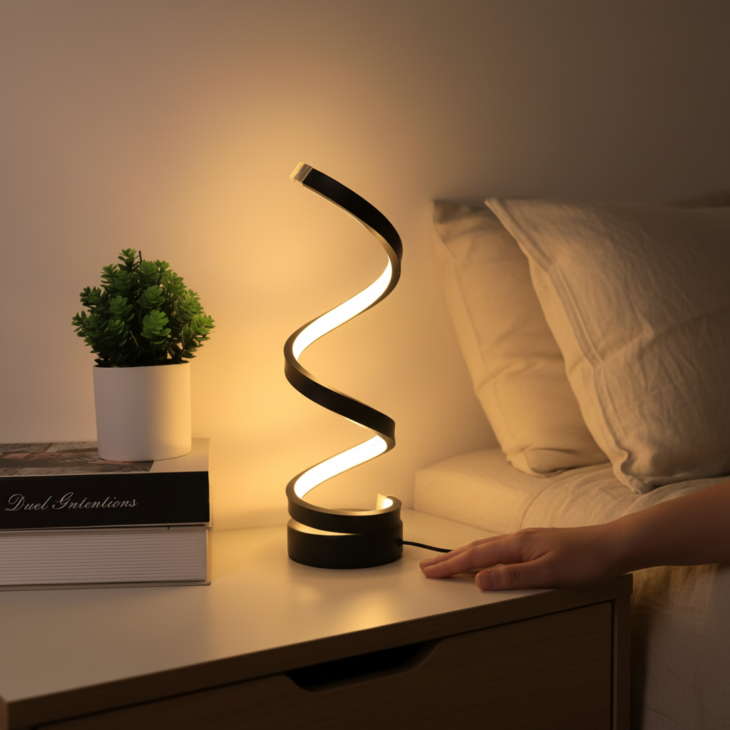 Lámpara de escritorio escultórica con pinza ajustable y diseño en espiral