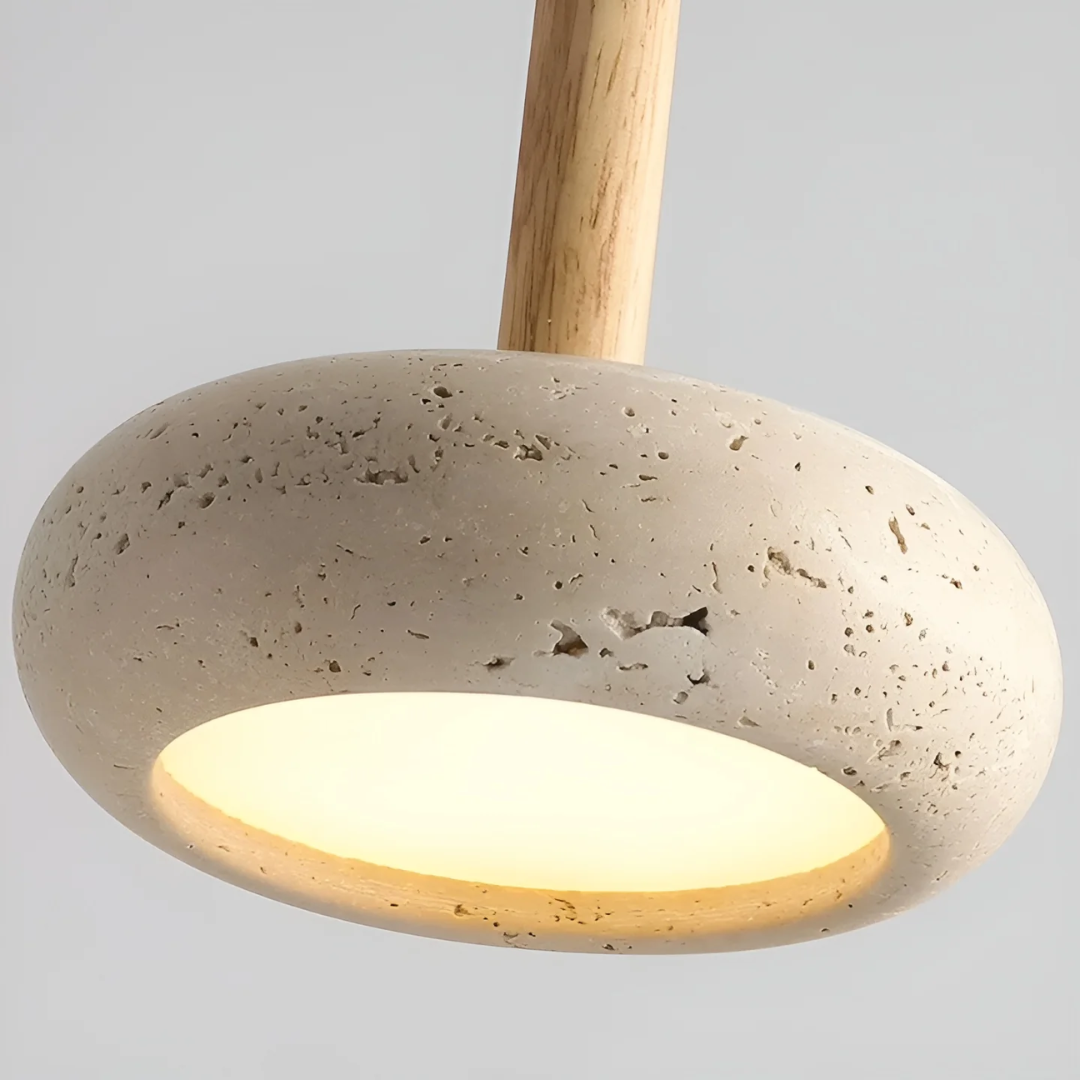 Lámpara colgante japonesa de piedra y madera con halo cósmico y ajuste regulable