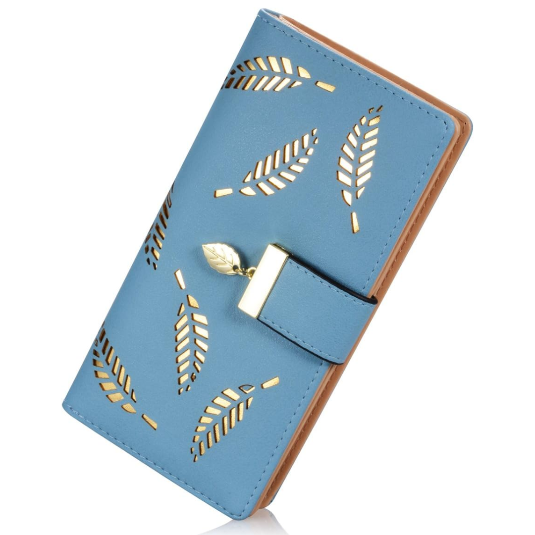 Cartera compacta de cuero, delgada y alargada, con patrón de hojas y bolsillo con cremallera