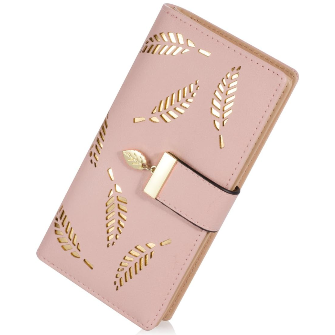 Cartera compacta de cuero, delgada y alargada, con patrón de hojas y bolsillo con cremallera