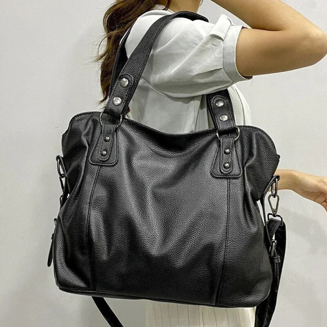 Bolso de hombro espacioso de cuero genuino con cierre de cremallera para mujer