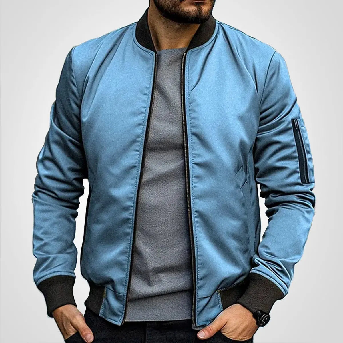 Chaqueta bomber clásica para hombre, con cierre, cuello acanalado y estilo de aviador