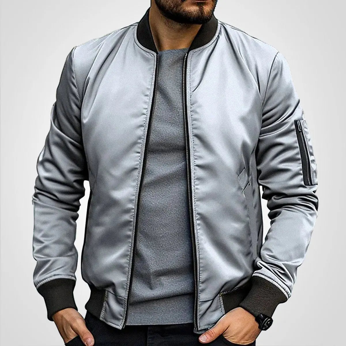Chaqueta bomber clásica para hombre, con cierre, cuello acanalado y estilo de aviador