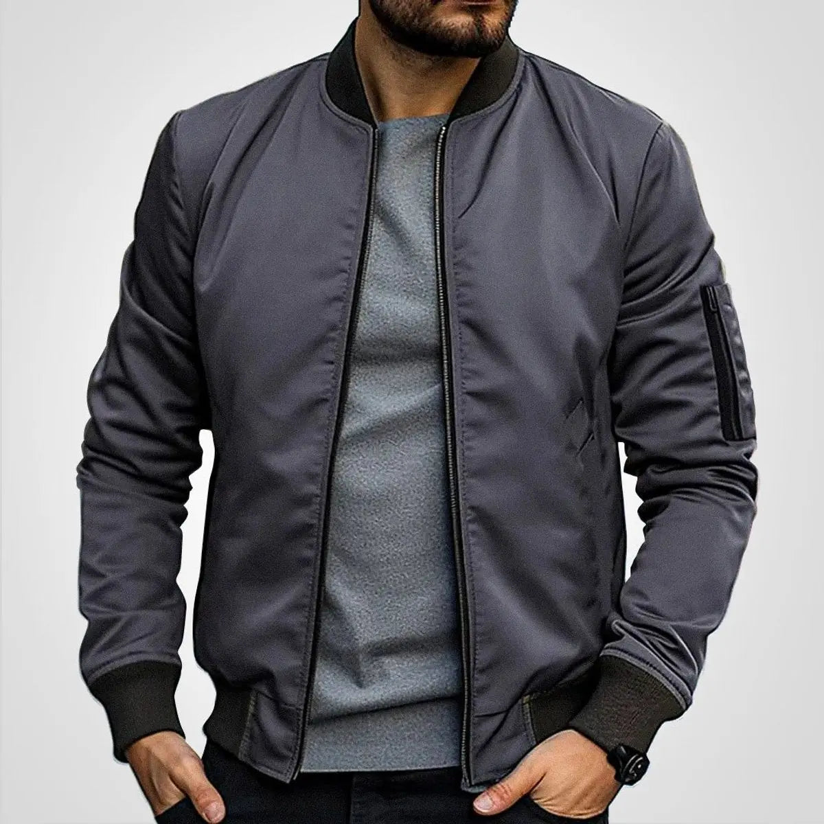 Chaqueta bomber clásica para hombre, con cierre, cuello acanalado y estilo de aviador