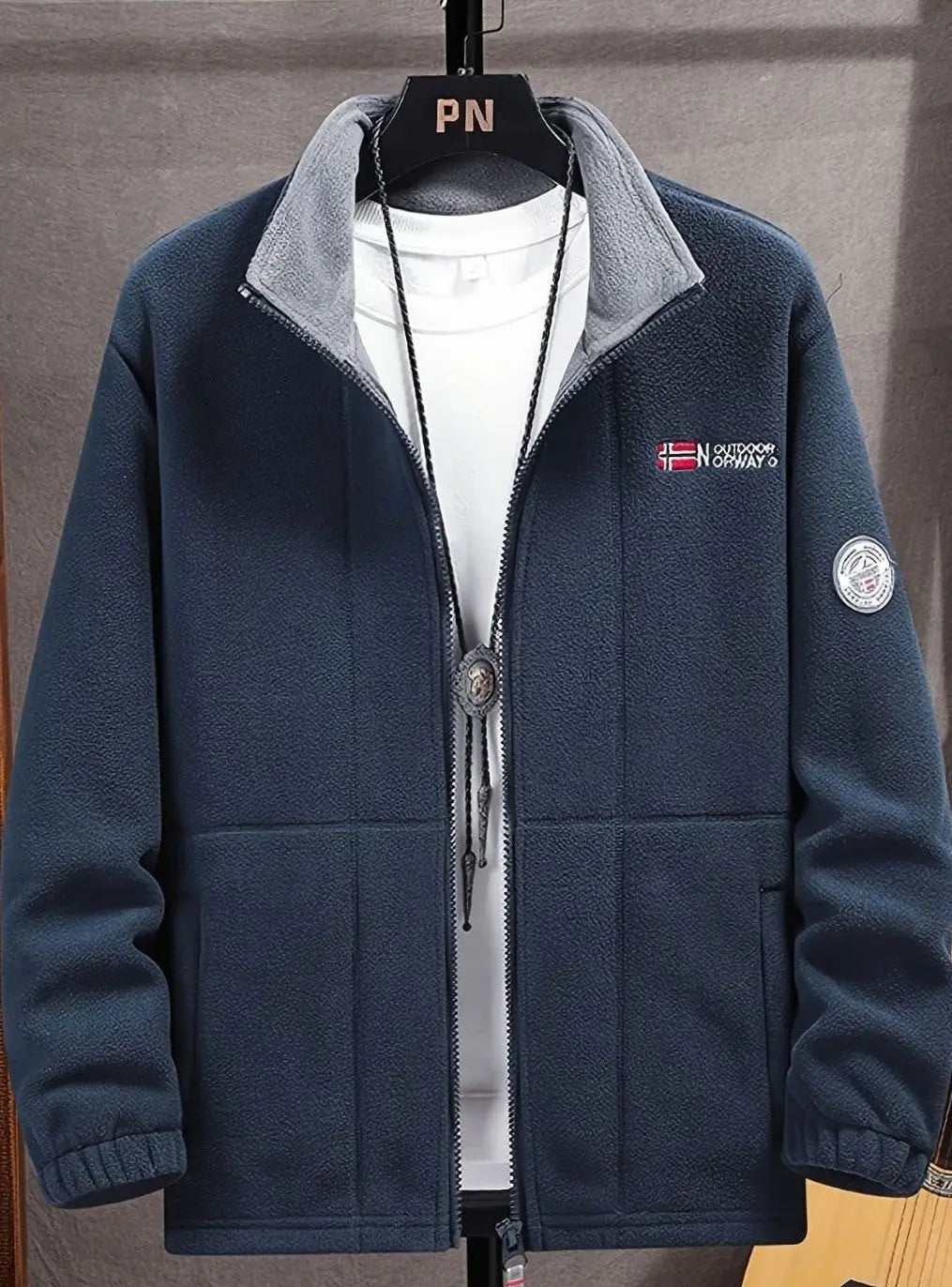 Chaqueta de forro polar para exteriores con cierre completo para hombre, cuello alto