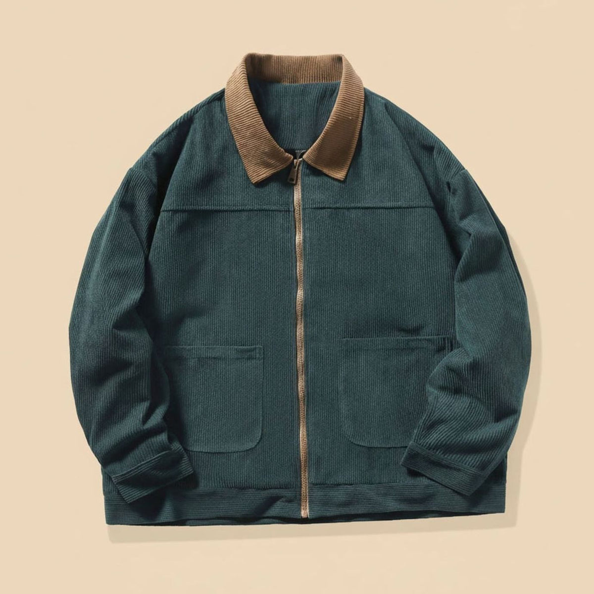 Chaqueta Harrington de pana para hombre, con cuello en contraste y cierre completo