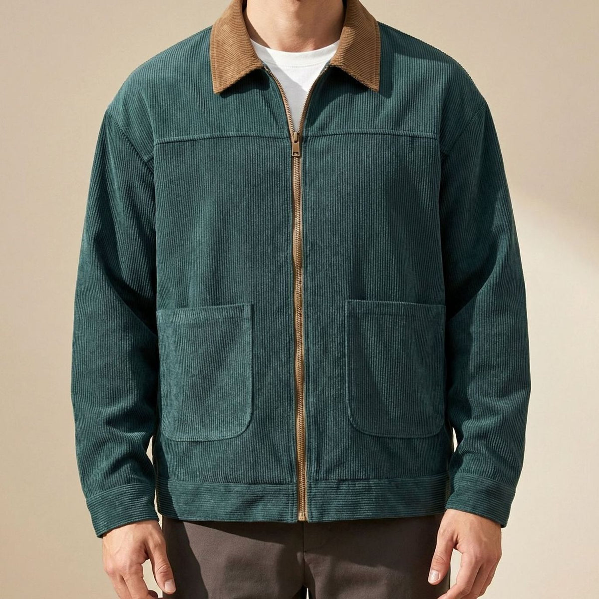 Chaqueta Harrington de pana para hombre, con cuello en contraste y cierre completo