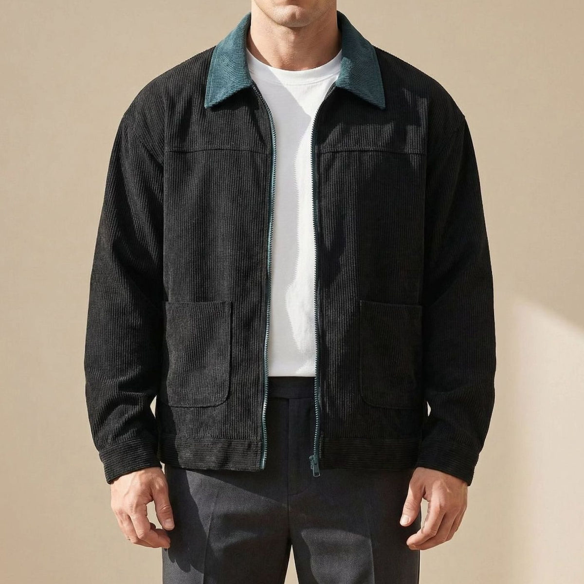 Chaqueta Harrington de pana para hombre, con cuello en contraste y cierre completo