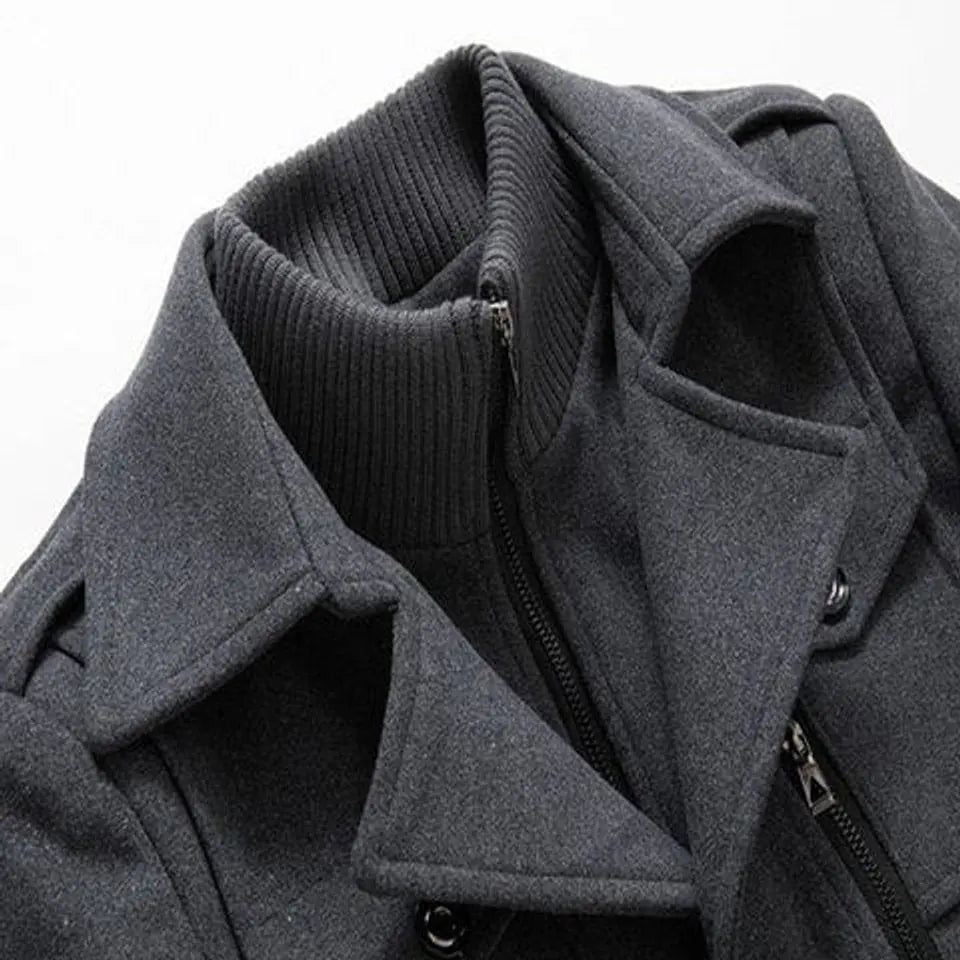 Abrigo de invierno de doble capa para hombre, mezcla de lana y cuello de punto