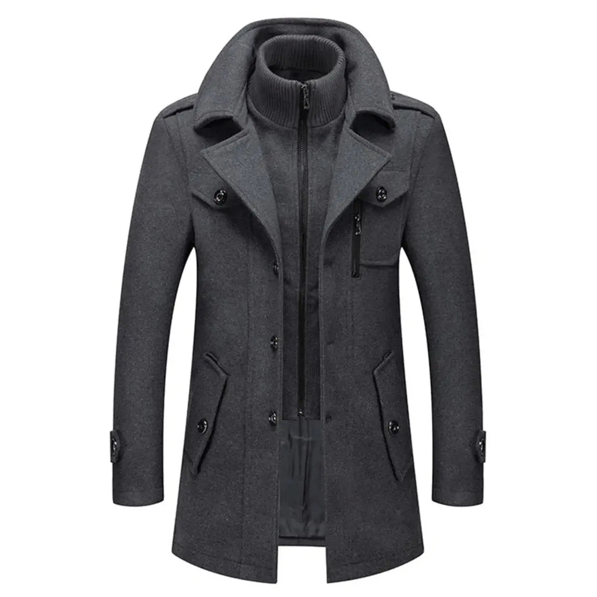 Abrigo de invierno de doble capa para hombre, mezcla de lana y cuello de punto
