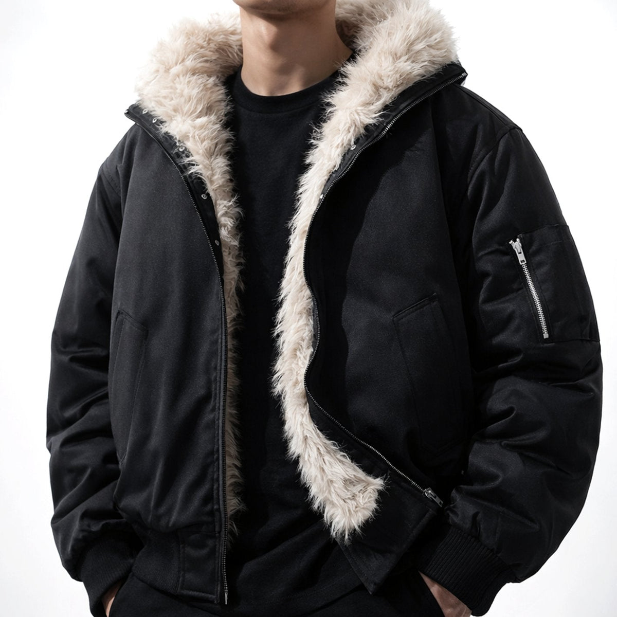 Chaqueta bomber cortavientos para hombre con forro de pelo sintético y cierre