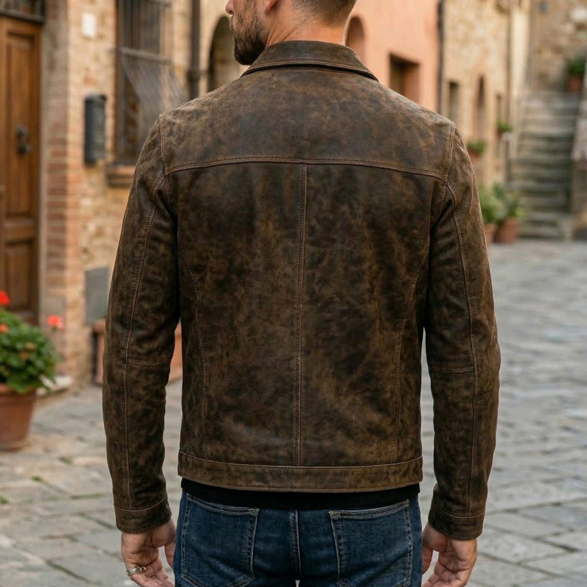Chaqueta de cuero entallada para hombre con cierre completo y cuello estructurado