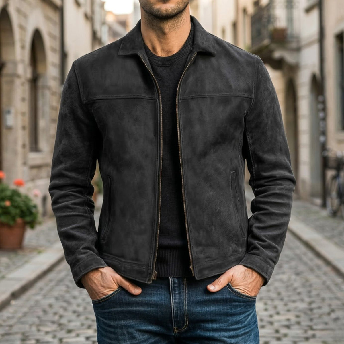 Chaqueta de cuero entallada para hombre con cierre completo y cuello estructurado