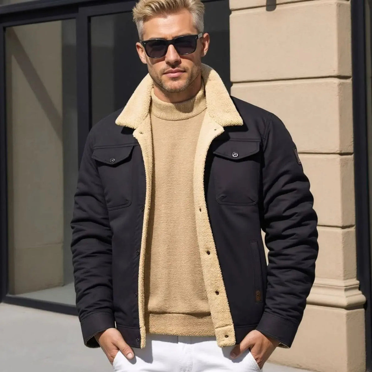 Chaqueta informal para hombre con forro polar y cuello de borreguito