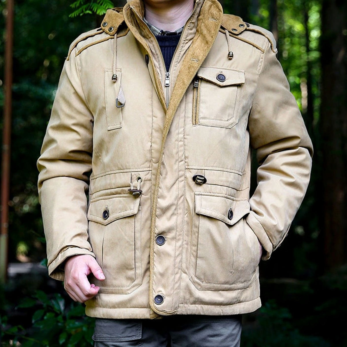 Parka acolchada con capucha para hombre, resistente al agua y con múltiples bolsillos