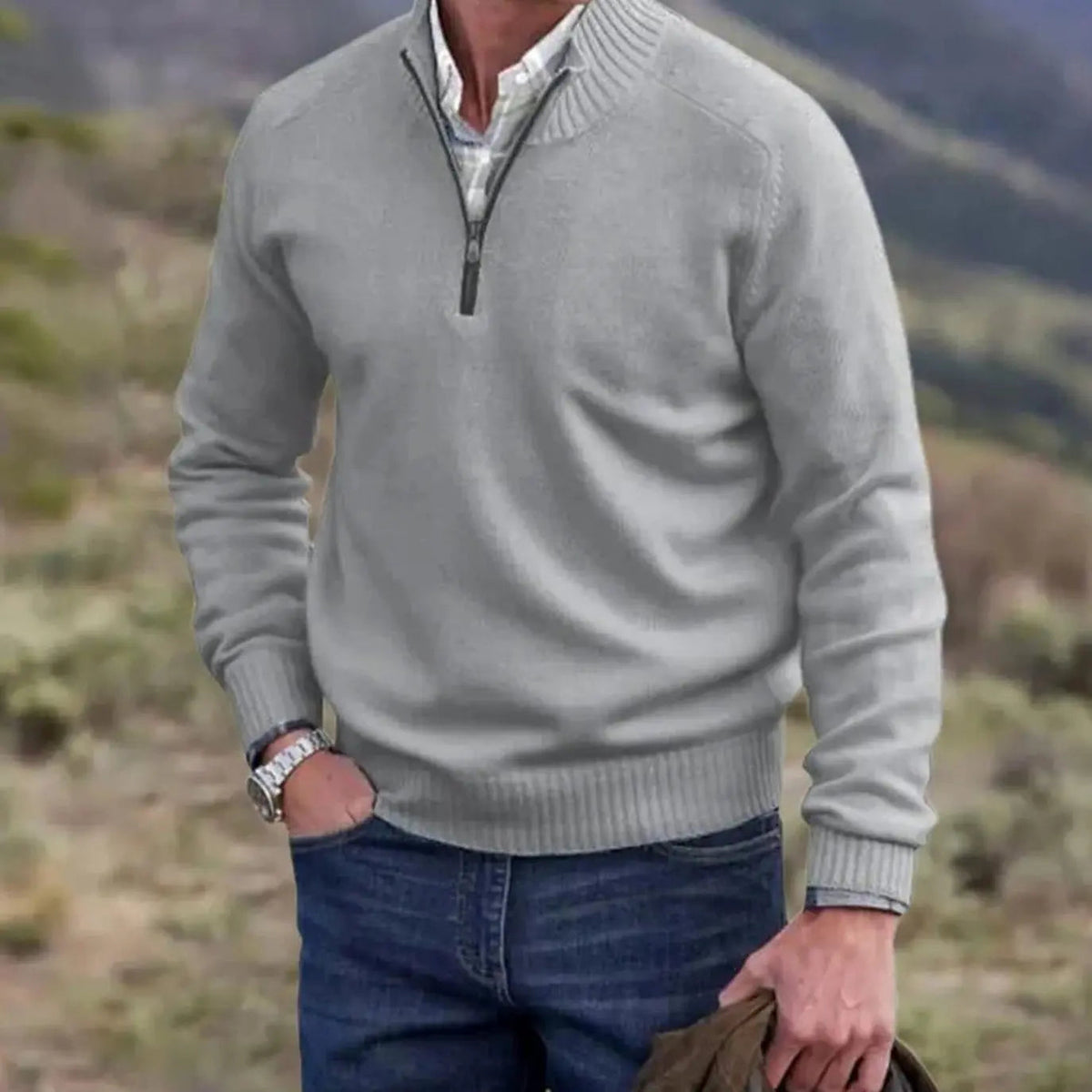 Jersey de punto para hombre con medio cierre, cuello de canalé