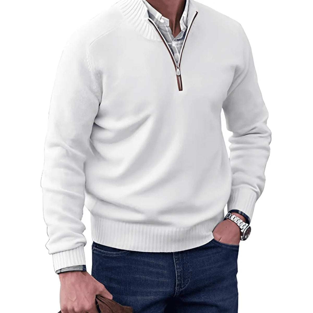 Jersey de punto para hombre con medio cierre, cuello de canalé
