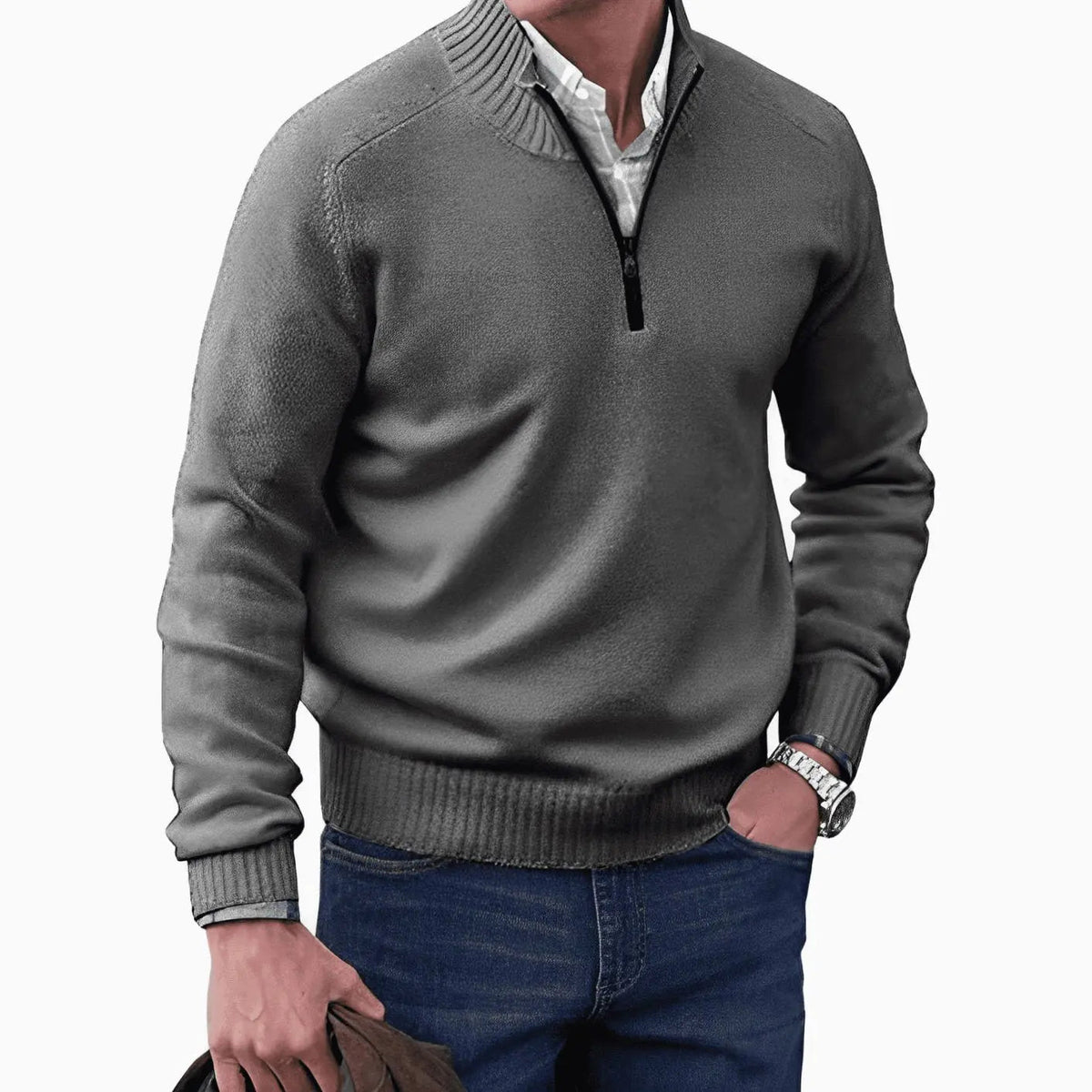 Jersey de punto para hombre con medio cierre, cuello de canalé