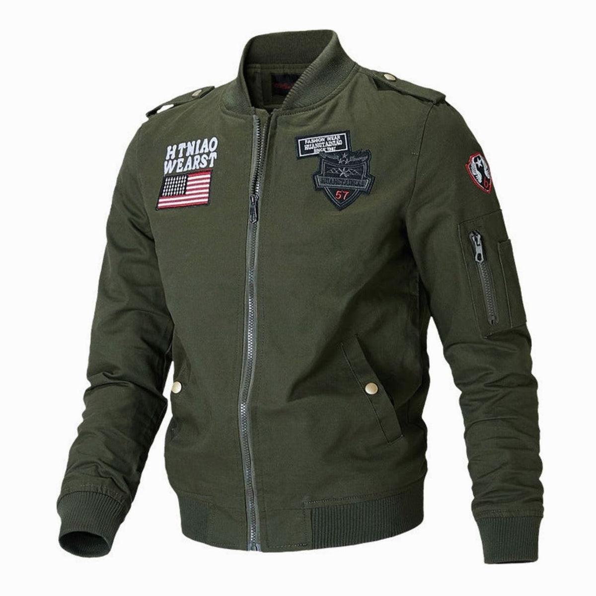 Chaqueta bomber para hombre, con parche militar y cremallera