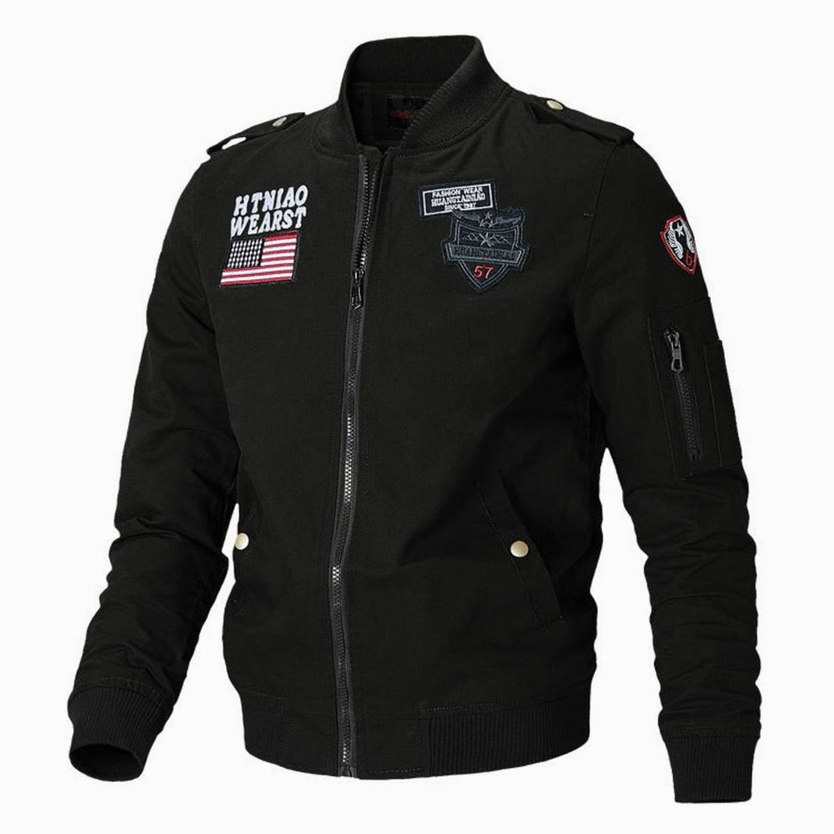 Chaqueta bomber para hombre, con parche militar y cremallera