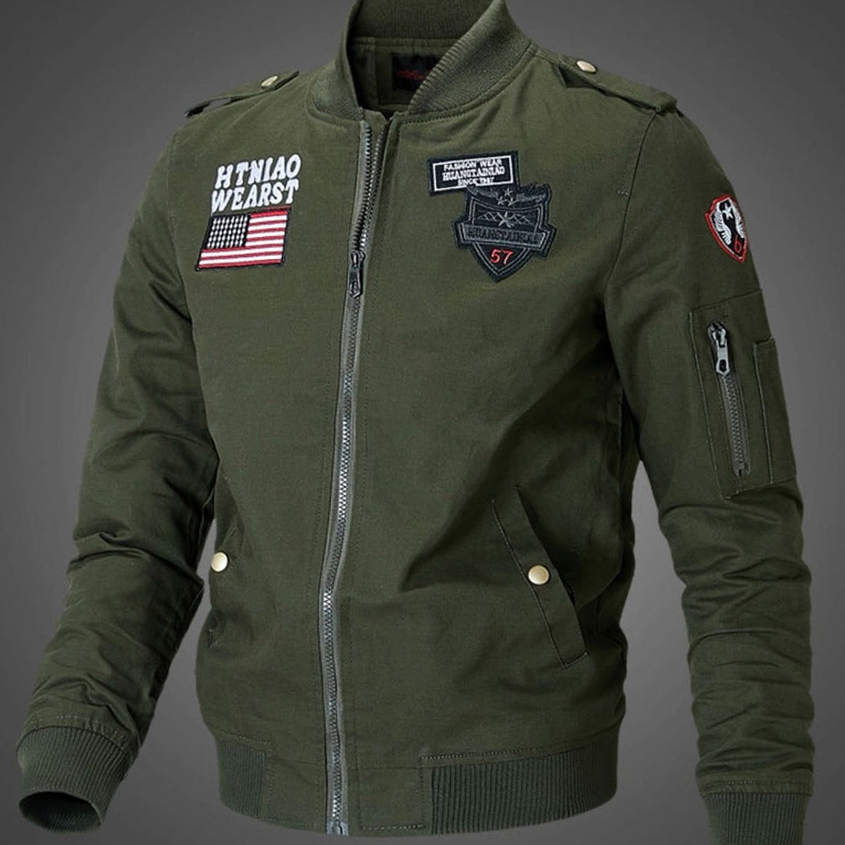 Chaqueta bomber para hombre, con parche militar y cremallera