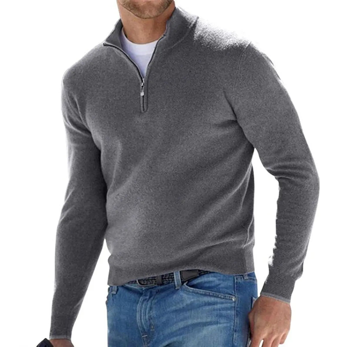 Jersey de punto acanalado para hombre, con cierre de medio cuarto y cremallera