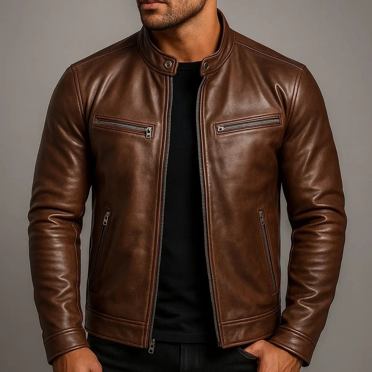 Chaqueta acolchada de estilo biker para hombre, con efecto de piel y cremallera