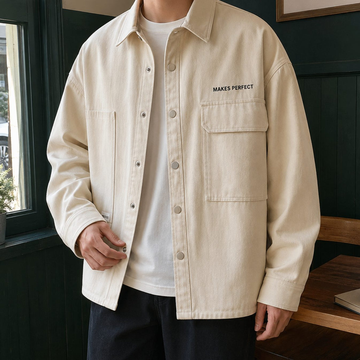 Chaqueta utilitaria de mezcla de algodón para hombre, de corte holgado y con botones a presión