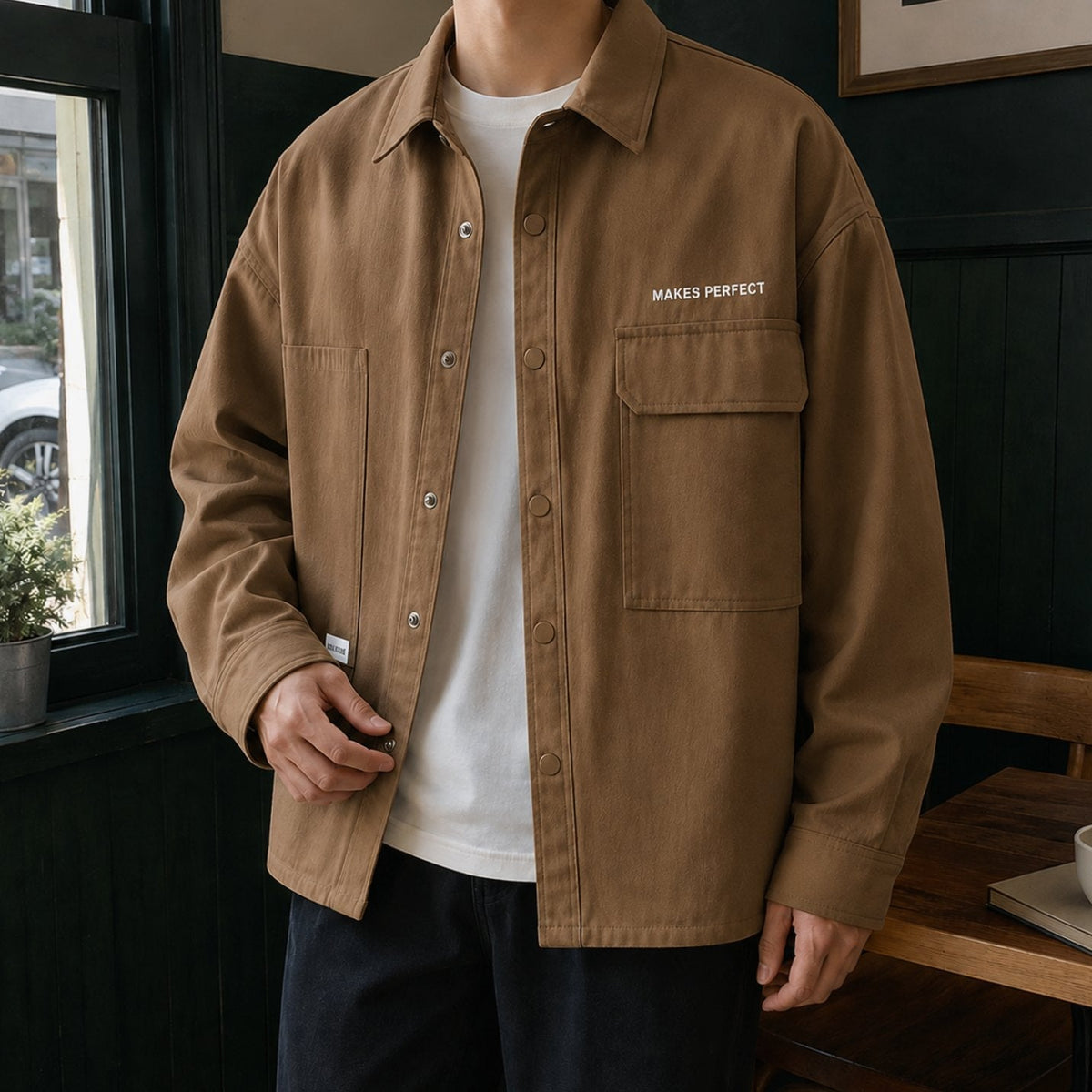Chaqueta utilitaria de mezcla de algodón para hombre, de corte holgado y con botones a presión