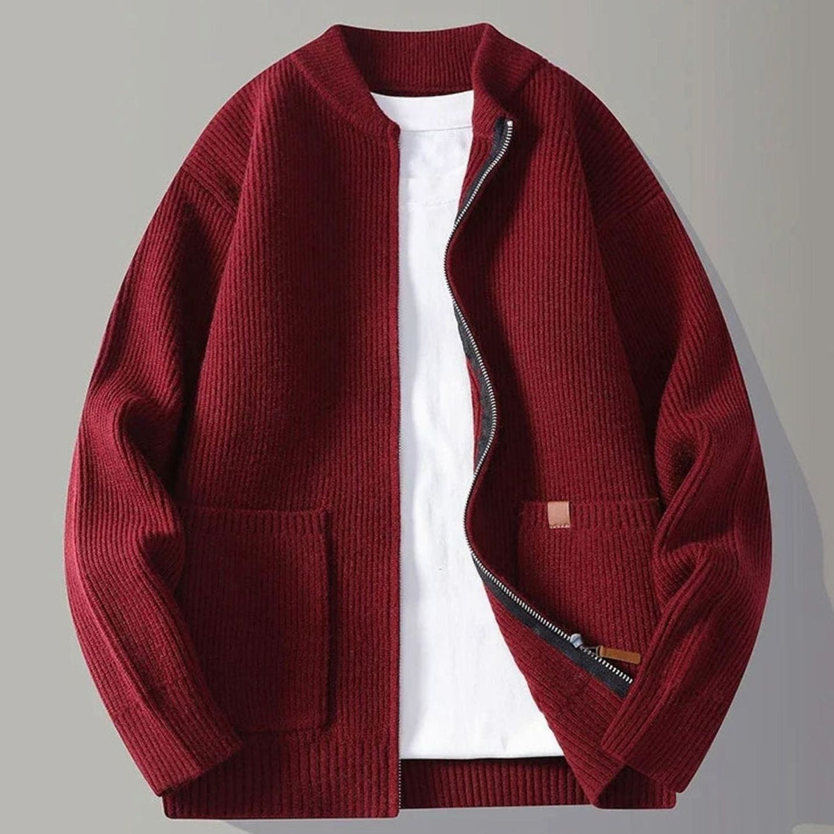 Chaqueta de punto acanalado para hombre, con cremallera completa y bolsillos delanteros