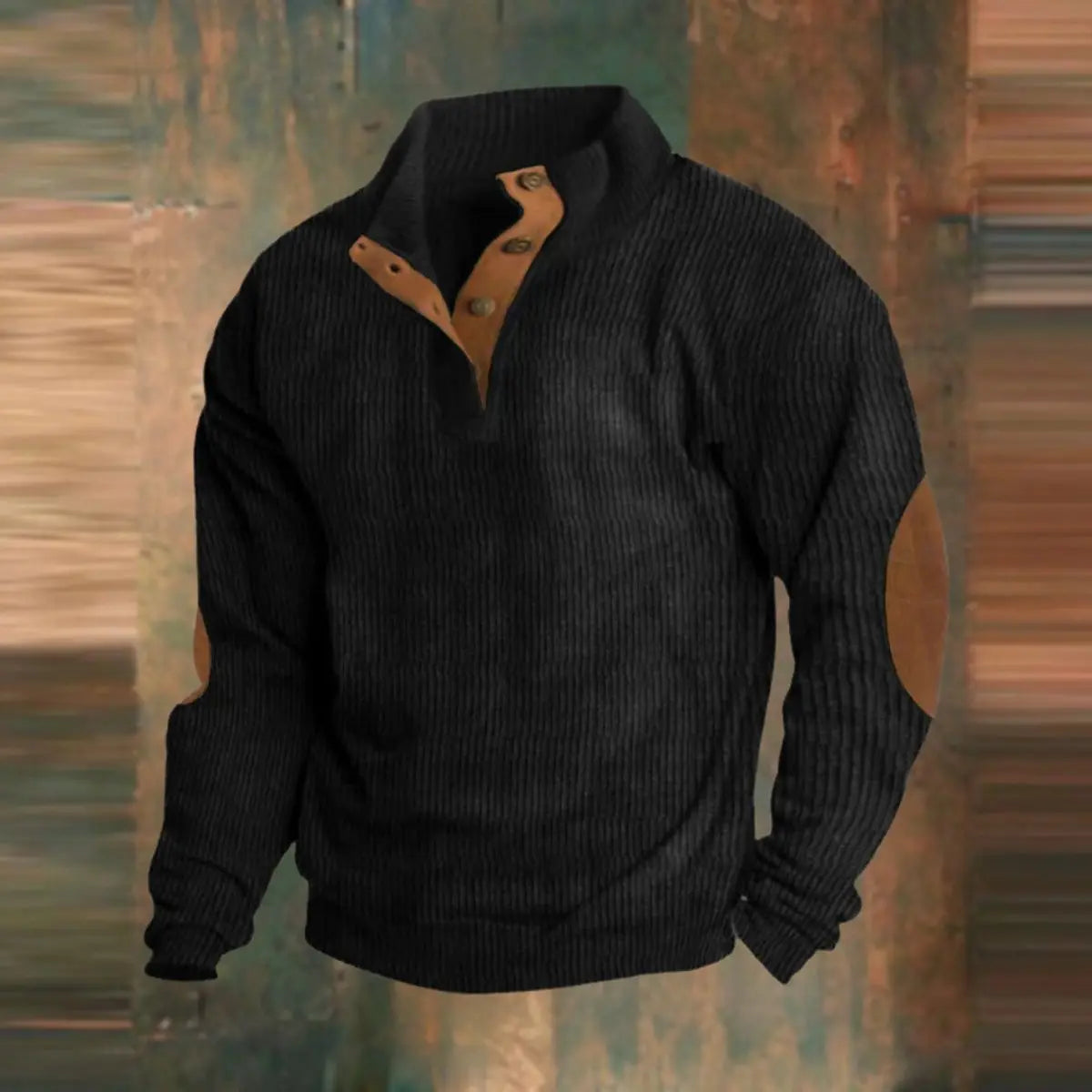 Jersey de punto acanalado para hombre, con estampado retro, cierre de un cuarto con botones a presión y parche en el codo